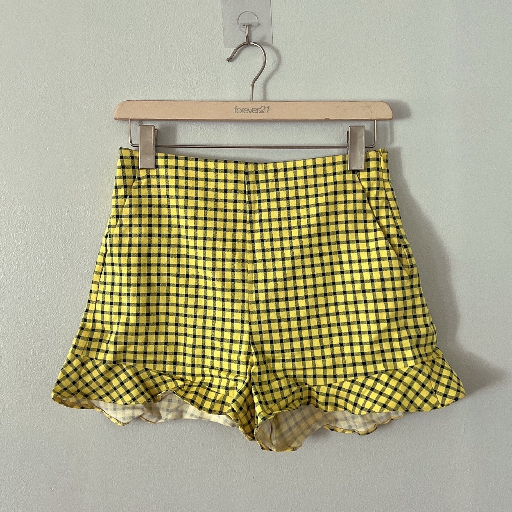 ZARA Blue Yellow Gingham Ruffled Shorts - SMALL - Picture 3 of 3